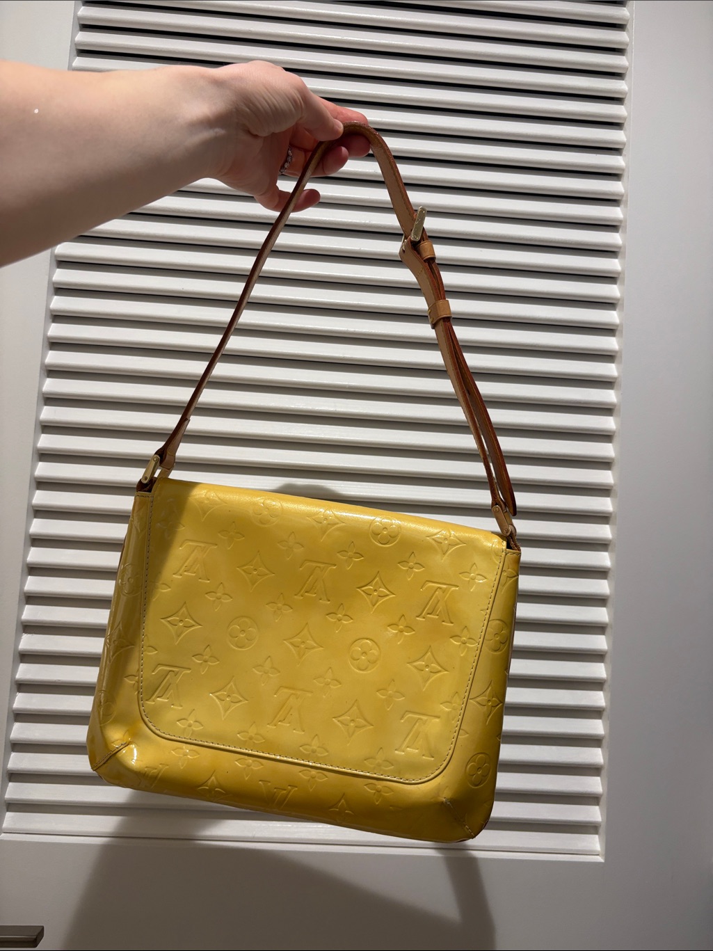 Louis Vuitton Monogram Vernis Thompson Yellow Leather Shoulder Bag.